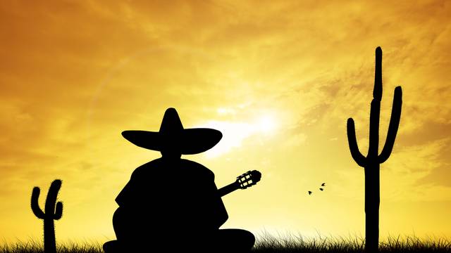Mexikanischer Mann – Silhouette eines Mannes mit Sombrero und Gitarre bei Sonnenuntergang